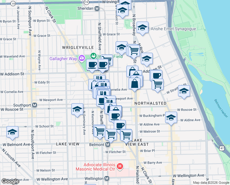 map of restaurants, bars, coffee shops, grocery stores, and more near 905 West Cornelia Avenue in Chicago