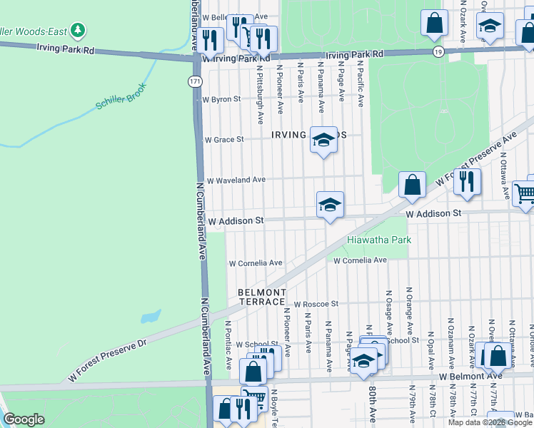 map of restaurants, bars, coffee shops, grocery stores, and more near 8224 West Addison Street in Chicago