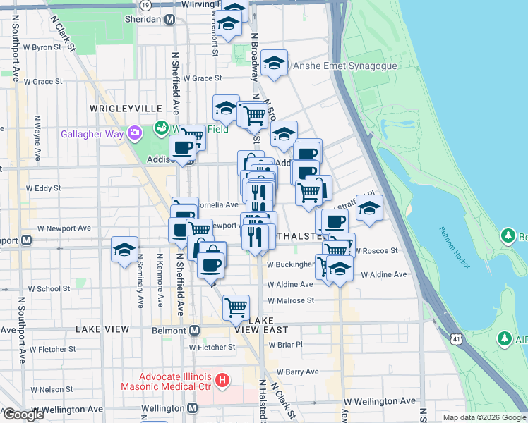 map of restaurants, bars, coffee shops, grocery stores, and more near 801 West Newport Avenue in Chicago