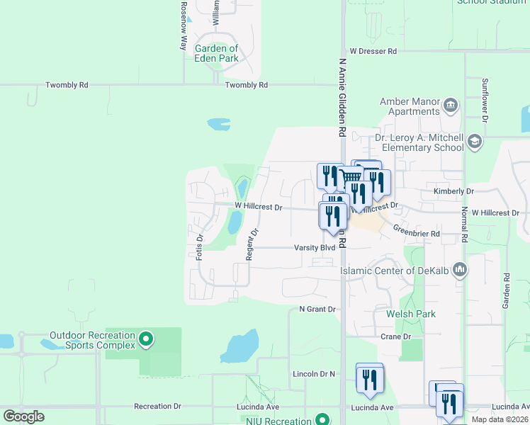 map of restaurants, bars, coffee shops, grocery stores, and more near 940 Regent Drive in DeKalb