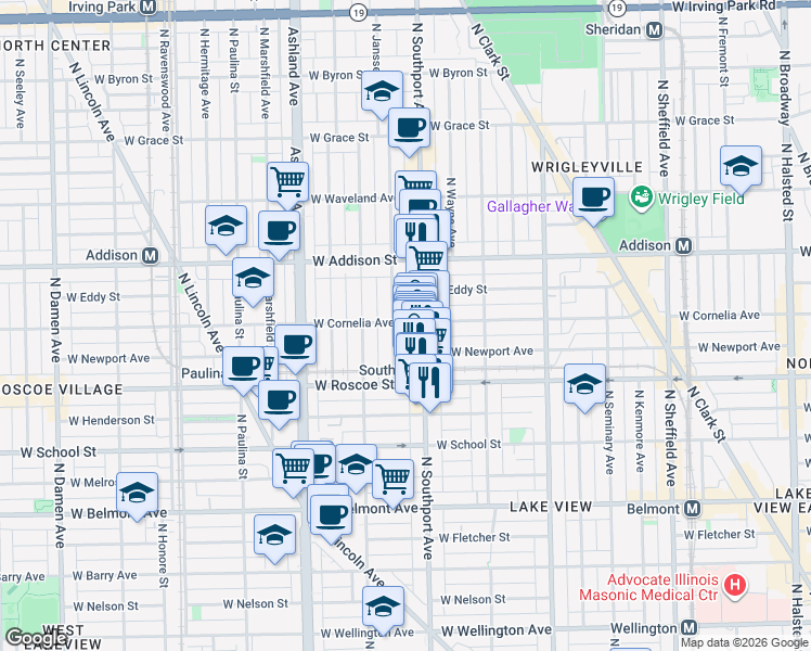 map of restaurants, bars, coffee shops, grocery stores, and more near 3434 North Southport Avenue in Chicago
