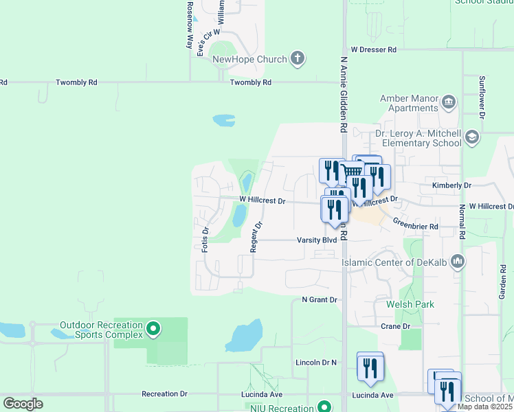 map of restaurants, bars, coffee shops, grocery stores, and more near 945 Regent Drive in DeKalb