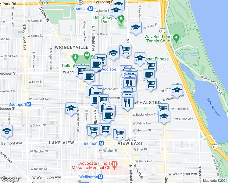 map of restaurants, bars, coffee shops, grocery stores, and more near 851 West Cornelia Avenue in Chicago