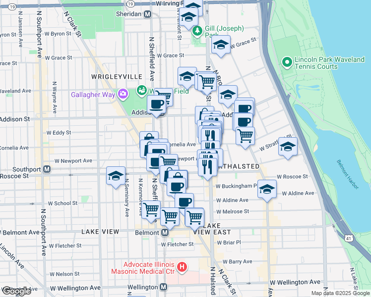 map of restaurants, bars, coffee shops, grocery stores, and more near 839 West Newport Avenue in Chicago