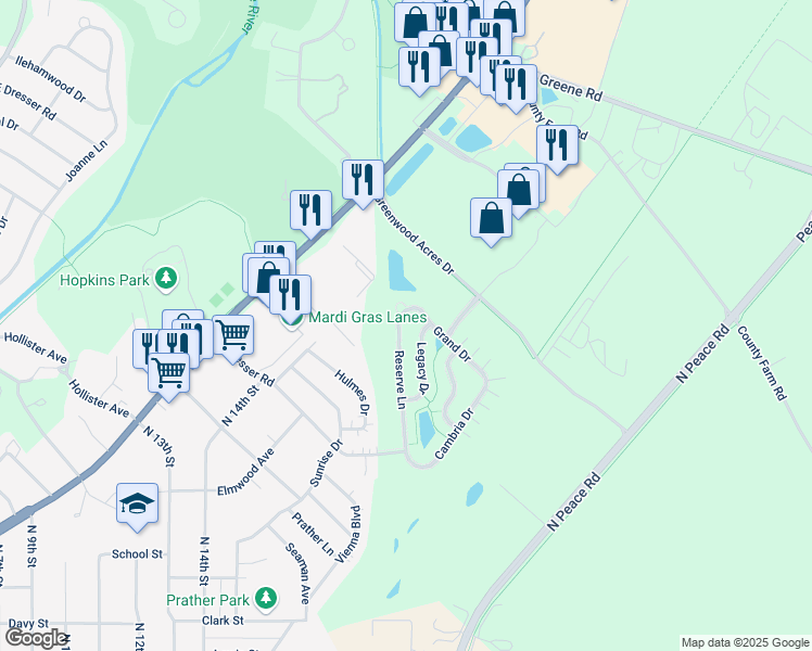 map of restaurants, bars, coffee shops, grocery stores, and more near 1515 Reserve Lane in DeKalb