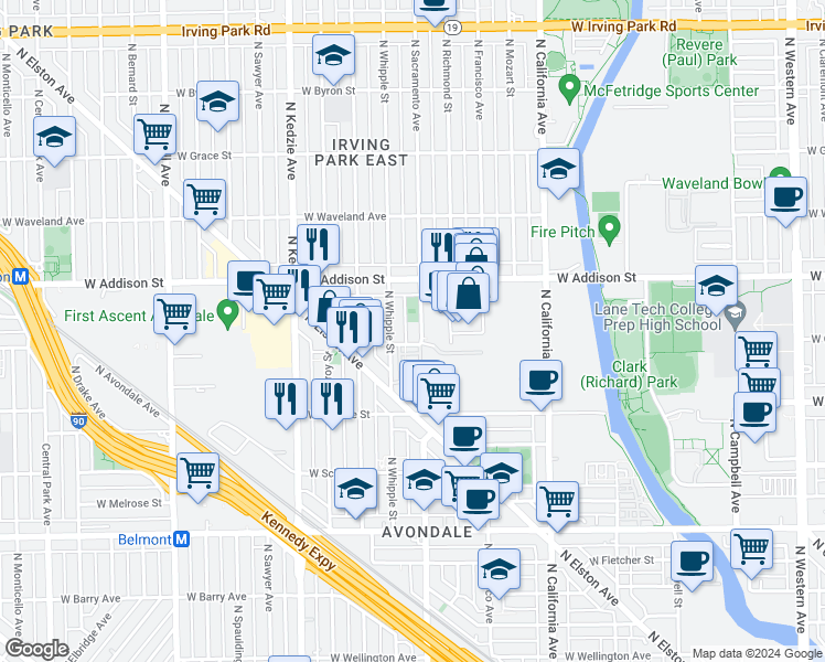map of restaurants, bars, coffee shops, grocery stores, and more near 3508 North Sacramento Avenue in Chicago