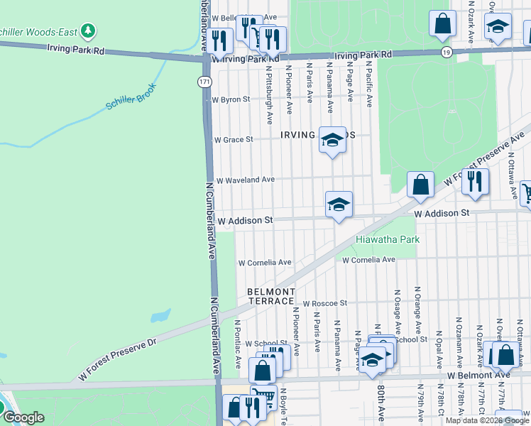 map of restaurants, bars, coffee shops, grocery stores, and more near 8225 North Pittsburgh Avenue in Chicago