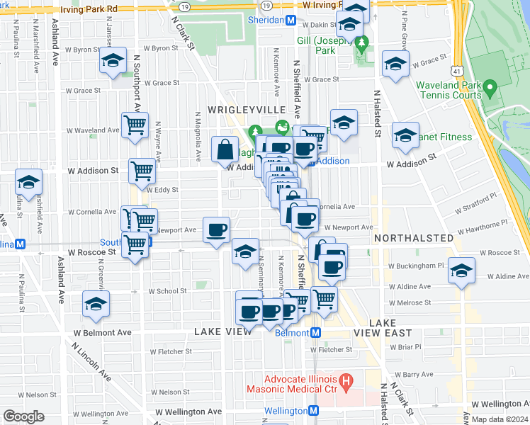 map of restaurants, bars, coffee shops, grocery stores, and more near 1067 West Cornelia Avenue in Chicago
