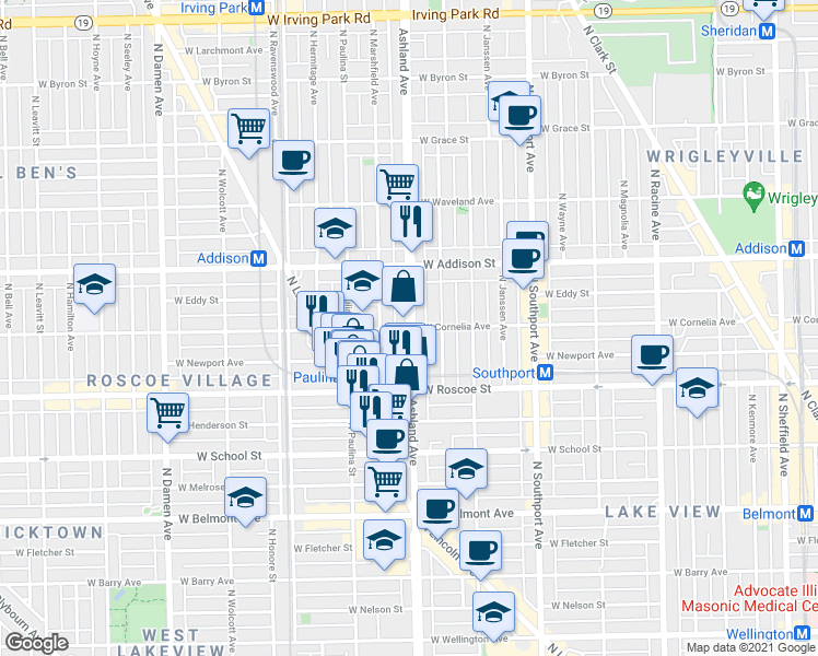 map of restaurants, bars, coffee shops, grocery stores, and more near N Ashland Ave & W Cornelia Ave in Chicago