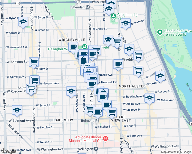 map of restaurants, bars, coffee shops, grocery stores, and more near 937 West Cornelia Avenue in Chicago
