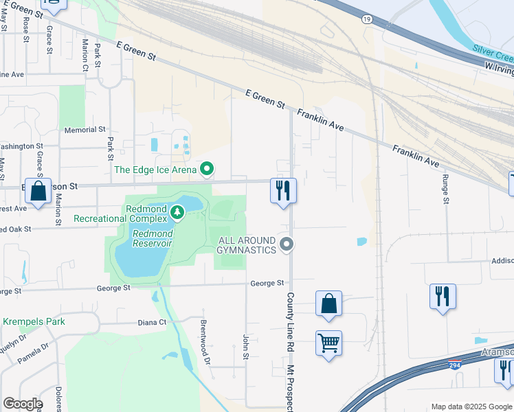 map of restaurants, bars, coffee shops, grocery stores, and more near 545 John Street in Bensenville