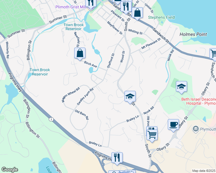 map of restaurants, bars, coffee shops, grocery stores, and more near 60 Stafford Street in Plymouth