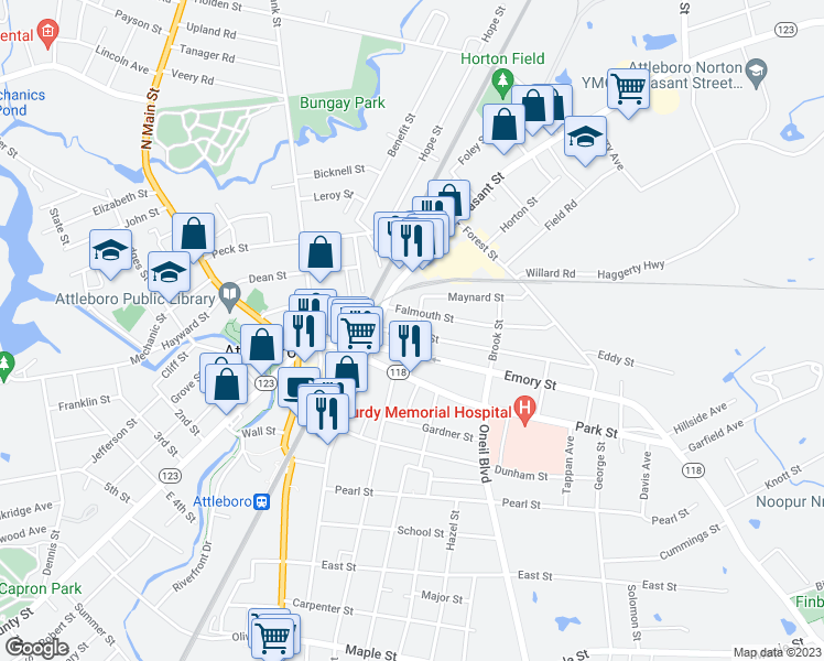 map of restaurants, bars, coffee shops, grocery stores, and more near 14 Holman Street in Attleboro