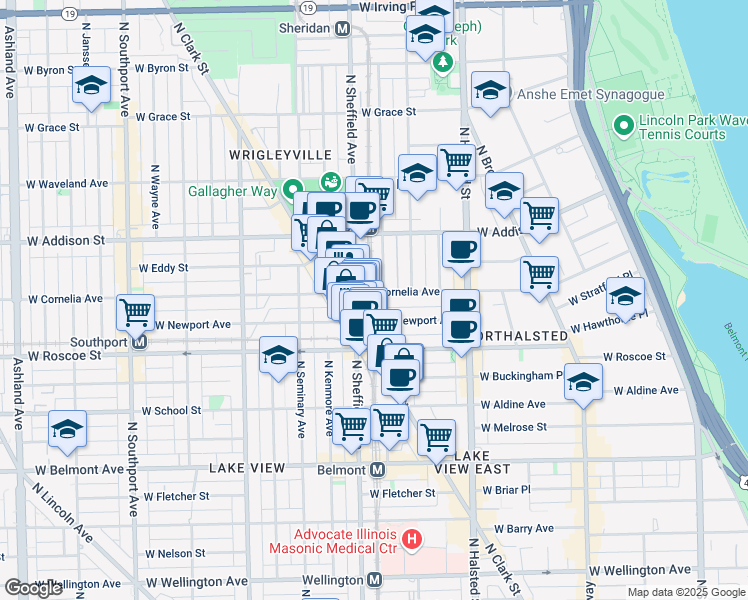 map of restaurants, bars, coffee shops, grocery stores, and more near 939 West Cornelia Avenue in Chicago