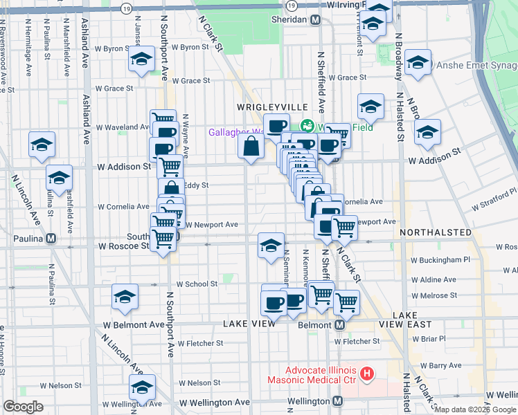 map of restaurants, bars, coffee shops, grocery stores, and more near 1150 West Newport Avenue in Chicago
