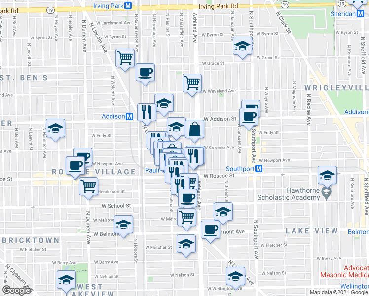 map of restaurants, bars, coffee shops, grocery stores, and more near 3500 N Marshfield Ave in Chicago