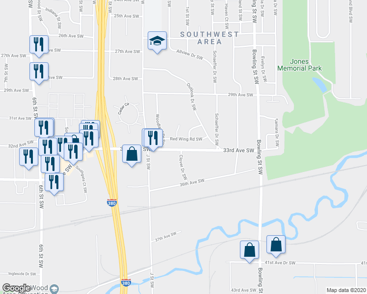 map of restaurants, bars, coffee shops, grocery stores, and more near 112 33rd Avenue Southwest in Cedar Rapids