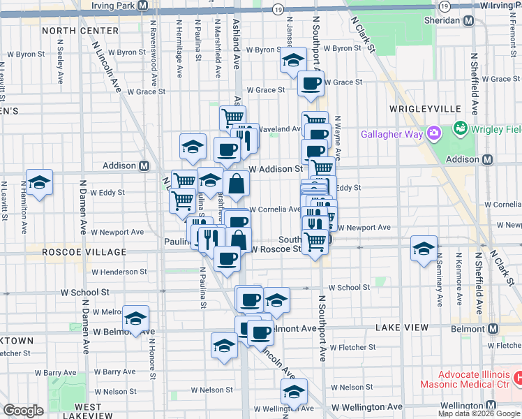 map of restaurants, bars, coffee shops, grocery stores, and more near W Cornelia Ave & N Bosworth Ave in Chicago