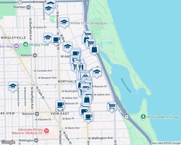 map of restaurants, bars, coffee shops, grocery stores, and more near 558 West Hawthorne Place in Chicago