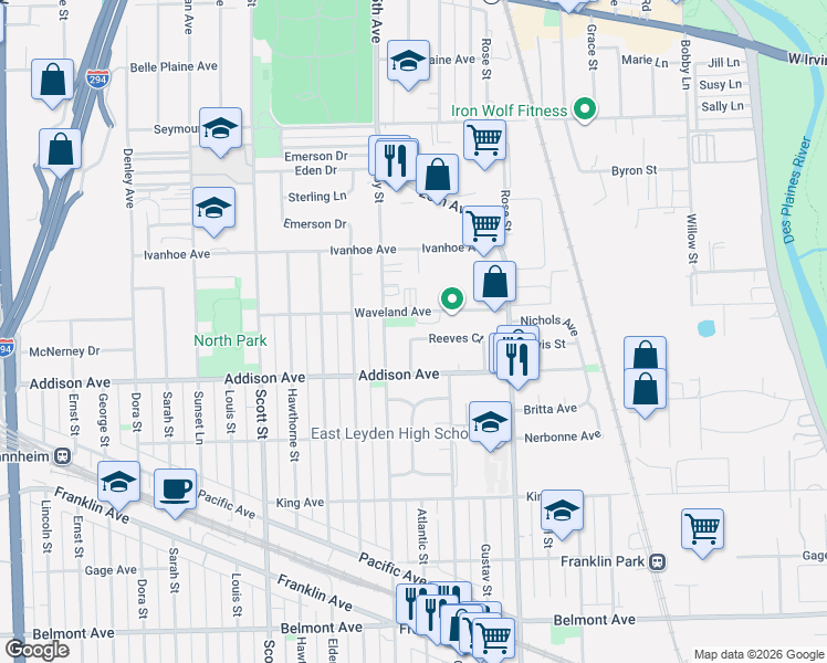 map of restaurants, bars, coffee shops, grocery stores, and more near 9744 Reeves Court in Franklin Park