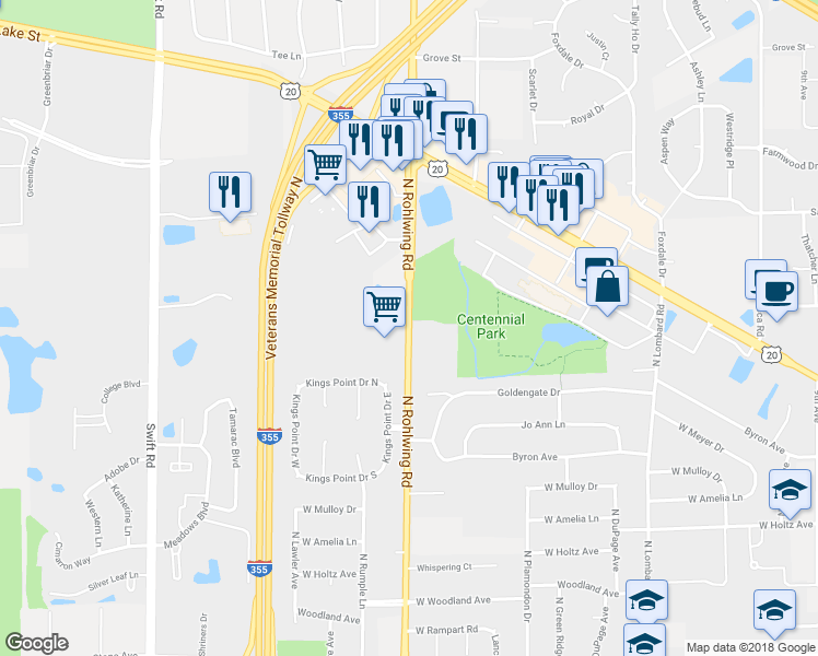 map of restaurants, bars, coffee shops, grocery stores, and more near 952 North Rohlwing Road in Addison
