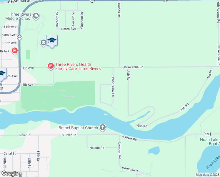 map of restaurants, bars, coffee shops, grocery stores, and more near 58668 Pond View Lane in Three Rivers