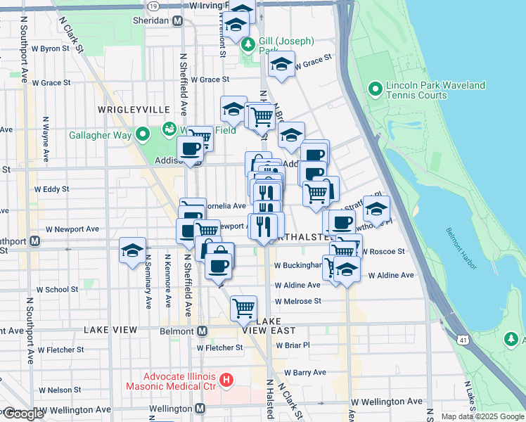 map of restaurants, bars, coffee shops, grocery stores, and more near 3470 North Halsted Street in Chicago