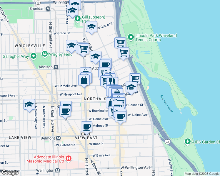 map of restaurants, bars, coffee shops, grocery stores, and more near 3421 North Elaine Place in Chicago
