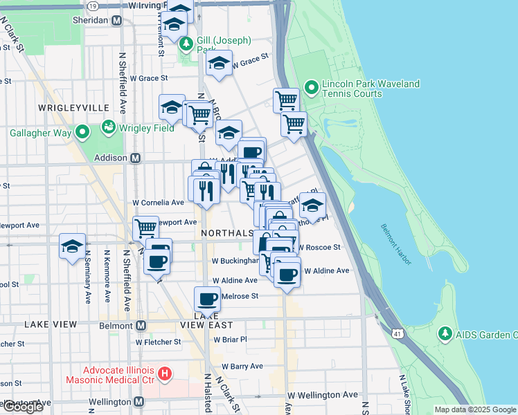 map of restaurants, bars, coffee shops, grocery stores, and more near 3421 North Elaine Place in Chicago