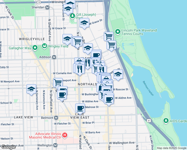 map of restaurants, bars, coffee shops, grocery stores, and more near 3421 North Elaine Place in Chicago