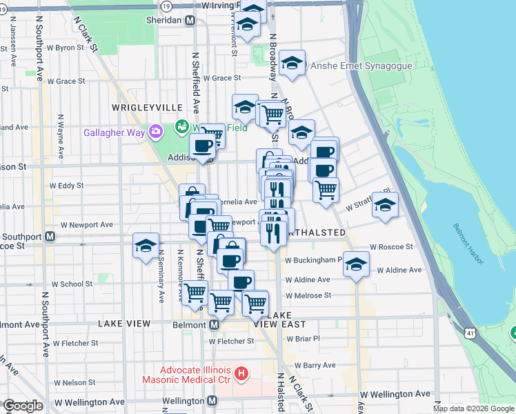 map of restaurants, bars, coffee shops, grocery stores, and more near 839 West Newport Avenue in Chicago