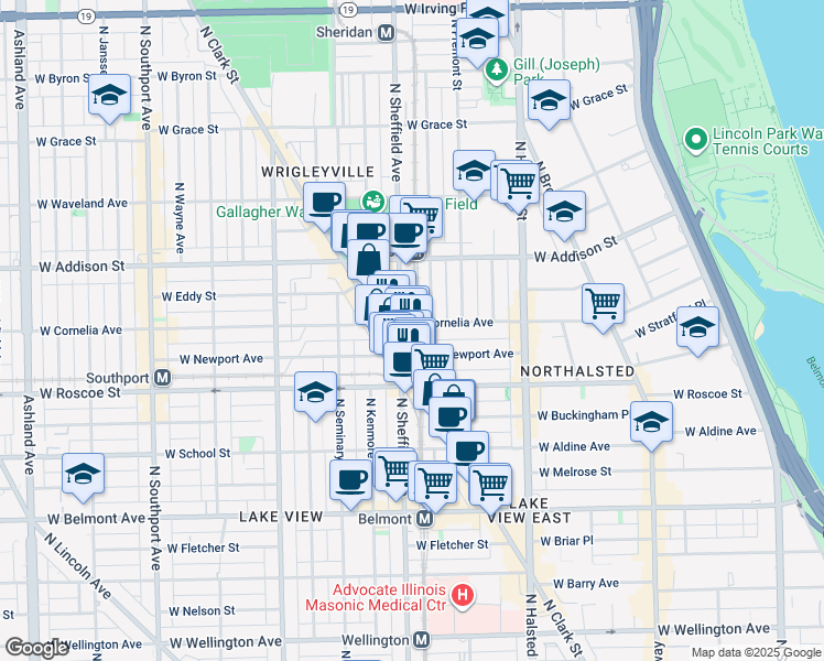 map of restaurants, bars, coffee shops, grocery stores, and more near 3433 North Sheffield Avenue in Chicago