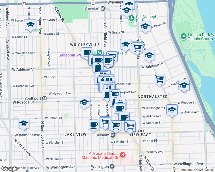 map of restaurants, bars, coffee shops, grocery stores, and more near 3433 North Sheffield Avenue in Chicago