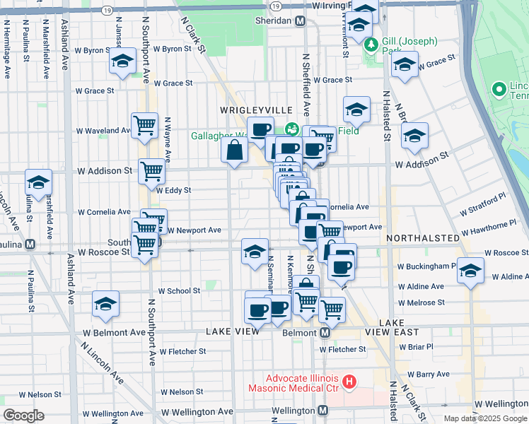 map of restaurants, bars, coffee shops, grocery stores, and more near 1108 West Newport Avenue in Chicago
