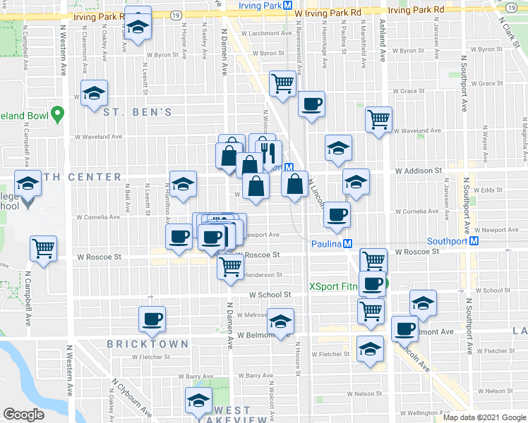 map of restaurants, bars, coffee shops, grocery stores, and more near 1908 West Newport Avenue in Chicago