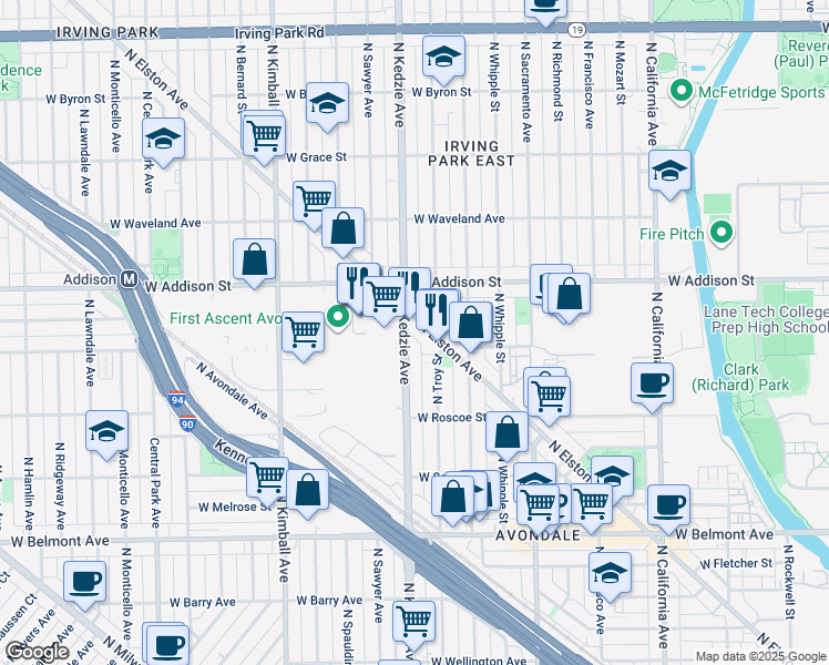 map of restaurants, bars, coffee shops, grocery stores, and more near 3500 North Kedzie Avenue in Chicago
