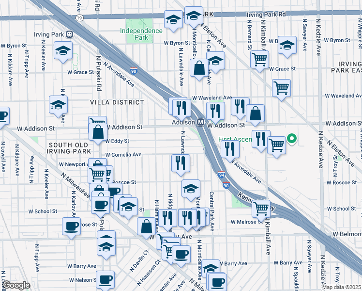 map of restaurants, bars, coffee shops, grocery stores, and more near 3457 North Lawndale Avenue in Chicago