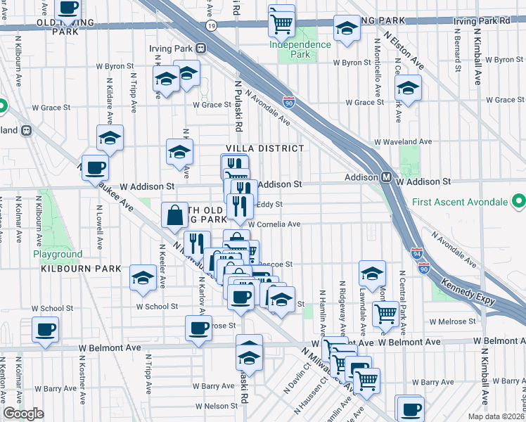 map of restaurants, bars, coffee shops, grocery stores, and more near 3921 West Cornelia Avenue in Chicago