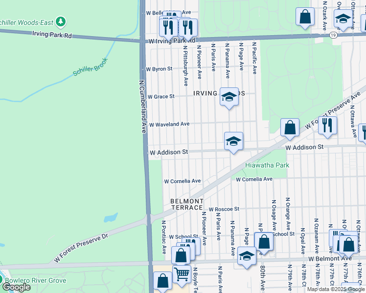 map of restaurants, bars, coffee shops, grocery stores, and more near 8225 North Pittsburgh Avenue in Chicago