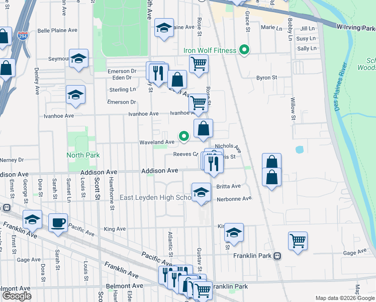 map of restaurants, bars, coffee shops, grocery stores, and more near 9705 Reeves Court in Franklin Park