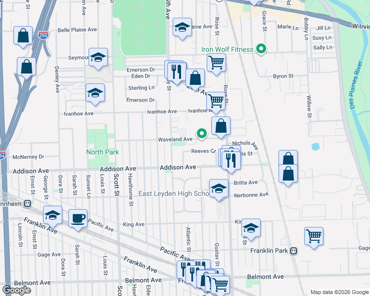 map of restaurants, bars, coffee shops, grocery stores, and more near 9744 Reeves Court in Franklin Park