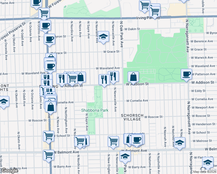 map of restaurants, bars, coffee shops, grocery stores, and more near 3529 North New England Avenue in Chicago
