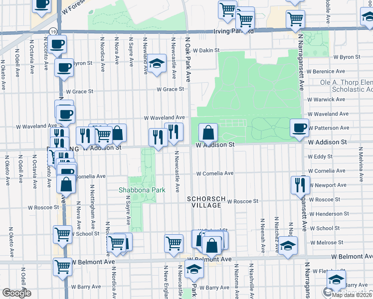 map of restaurants, bars, coffee shops, grocery stores, and more near 3526 North Oak Park Avenue in Chicago