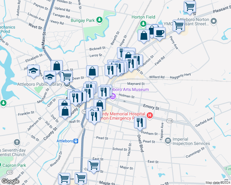 map of restaurants, bars, coffee shops, grocery stores, and more near 10 Holman Street in Attleboro