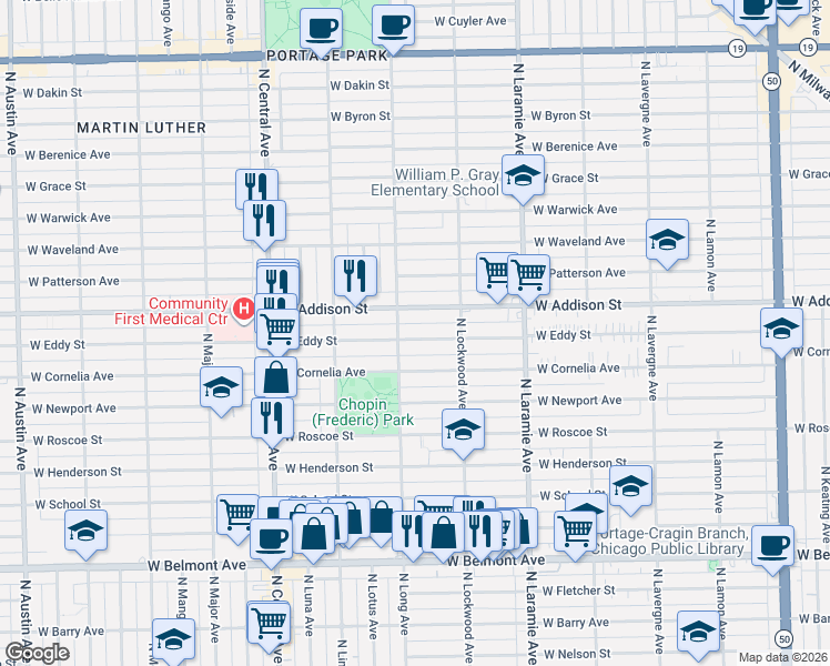 map of restaurants, bars, coffee shops, grocery stores, and more near 5332 West Cornelia Avenue in Chicago