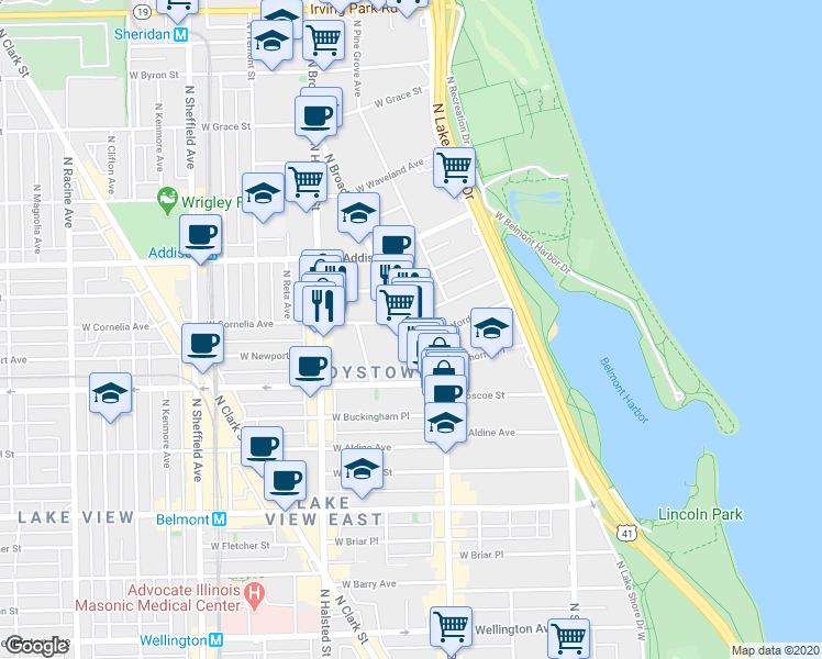 map of restaurants, bars, coffee shops, grocery stores, and more near 3473 North Broadway in Chicago