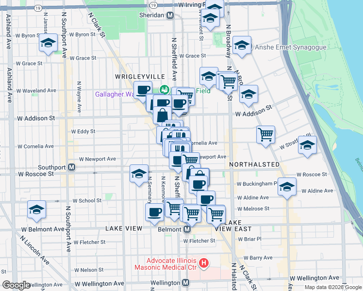 map of restaurants, bars, coffee shops, grocery stores, and more near 3433 North Sheffield Avenue in Chicago