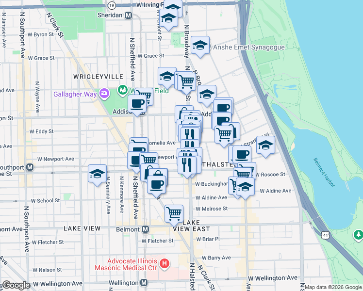 map of restaurants, bars, coffee shops, grocery stores, and more near 817 West Cornelia Avenue in Chicago
