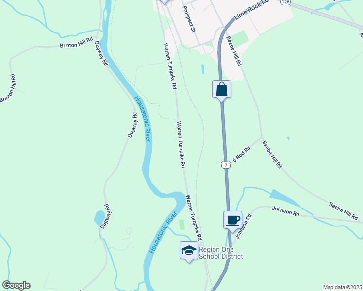 map of restaurants, bars, coffee shops, grocery stores, and more near Warren Turnpike Road in Canaan
