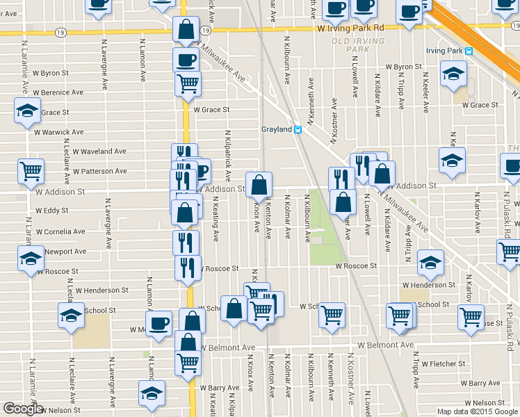 map of restaurants, bars, coffee shops, grocery stores, and more near 4601 West Addison Street in Chicago